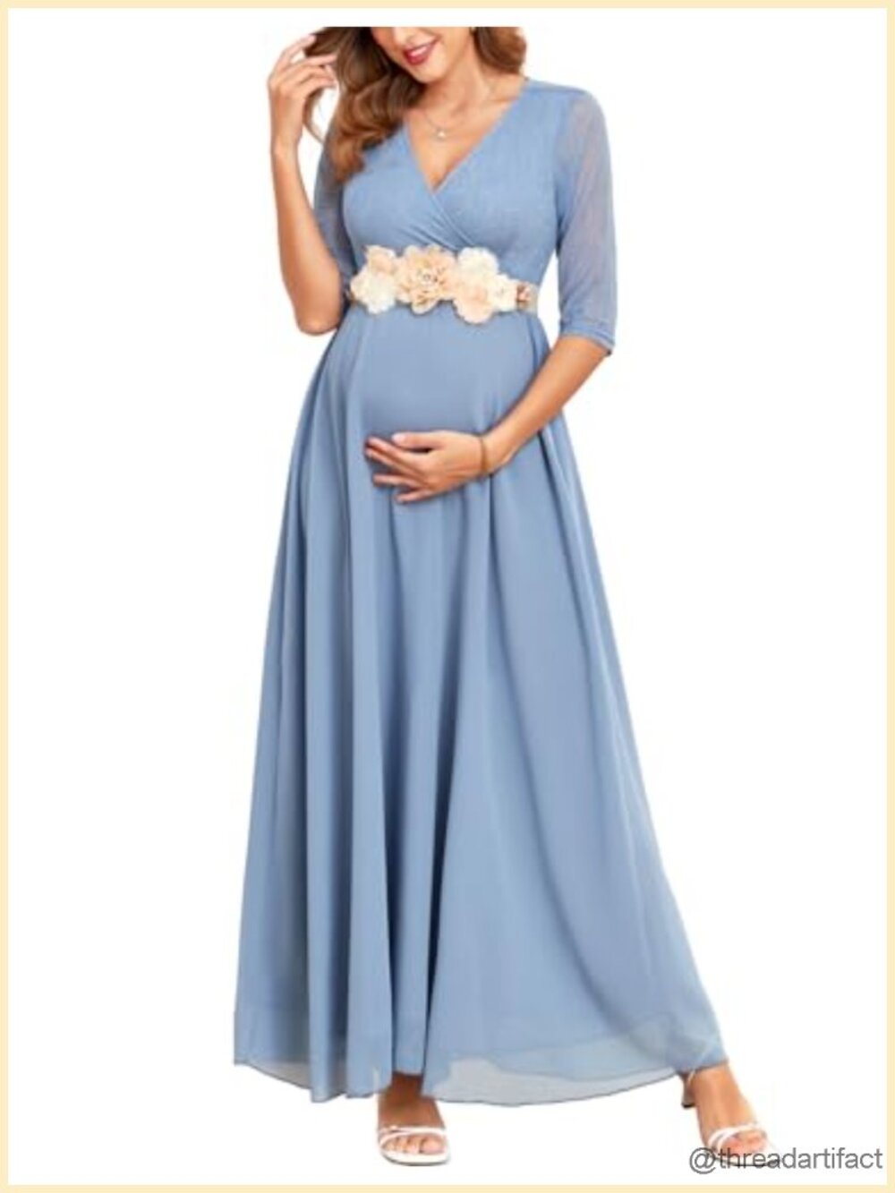 3/4 Sleeve Maternity Dress Leaf Lace V Neck A-Line Flowy Chiffon Wrap Baby